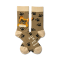 Pair of taupe crew socks with a French Bulldog face and paw print design.  Features the text 'I love my Frenchie Bull'.