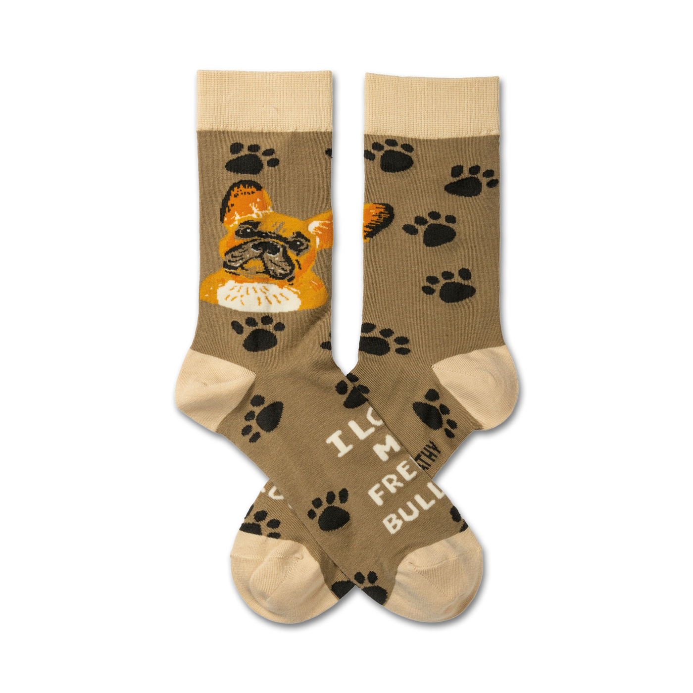 Pair of taupe crew socks with a French Bulldog face and paw print design.  Features the text 'I love my Frenchie Bull'.
