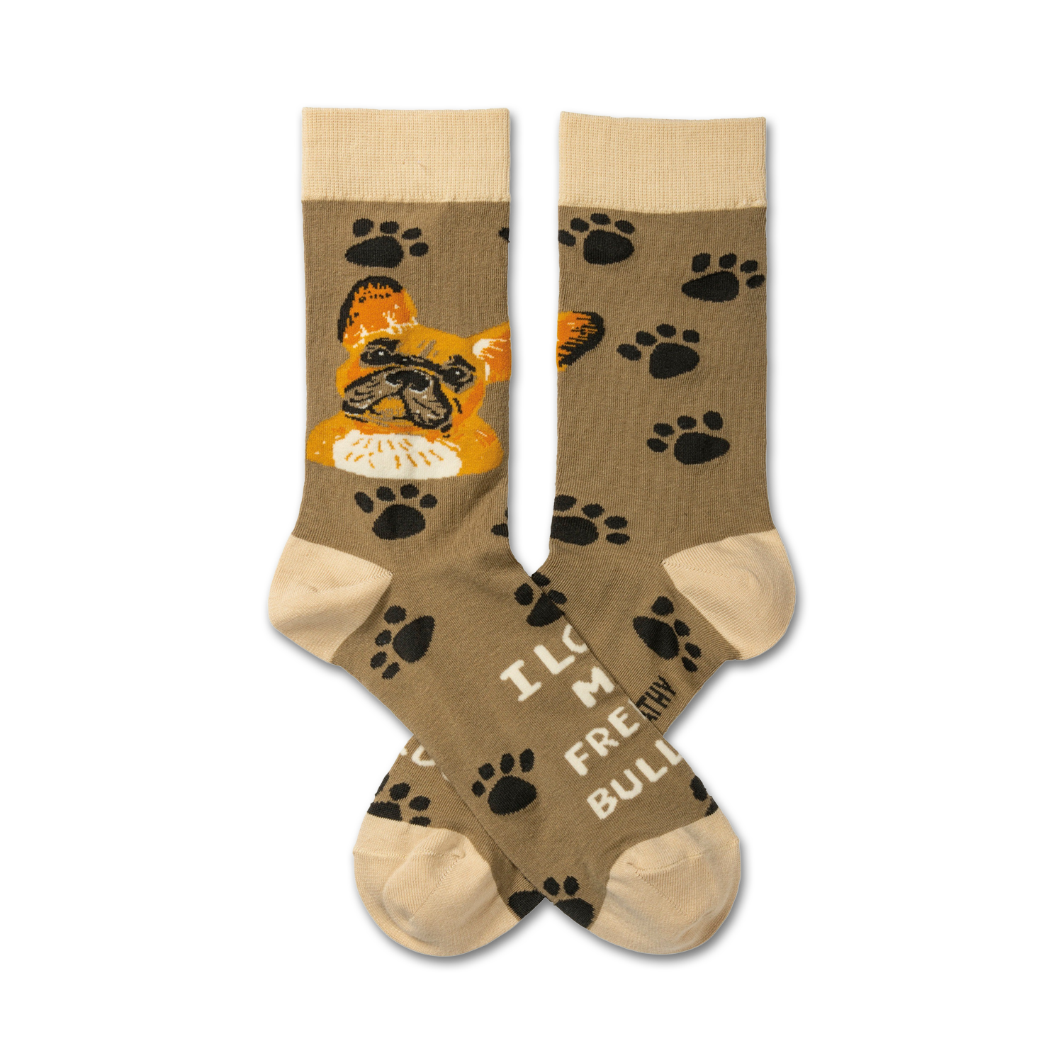 Pair of taupe crew socks with a French Bulldog face and paw print design.  Features the text 'I love my Frenchie Bull'.