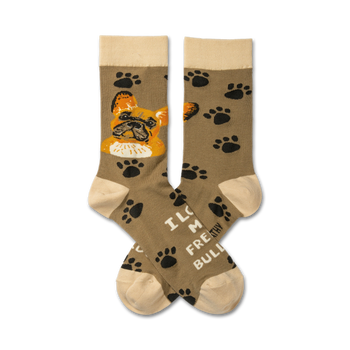 dog themed brown crew socks with a cartoon french bulldog illustration on one sock and the words "i love my french bulldog" on the other.   