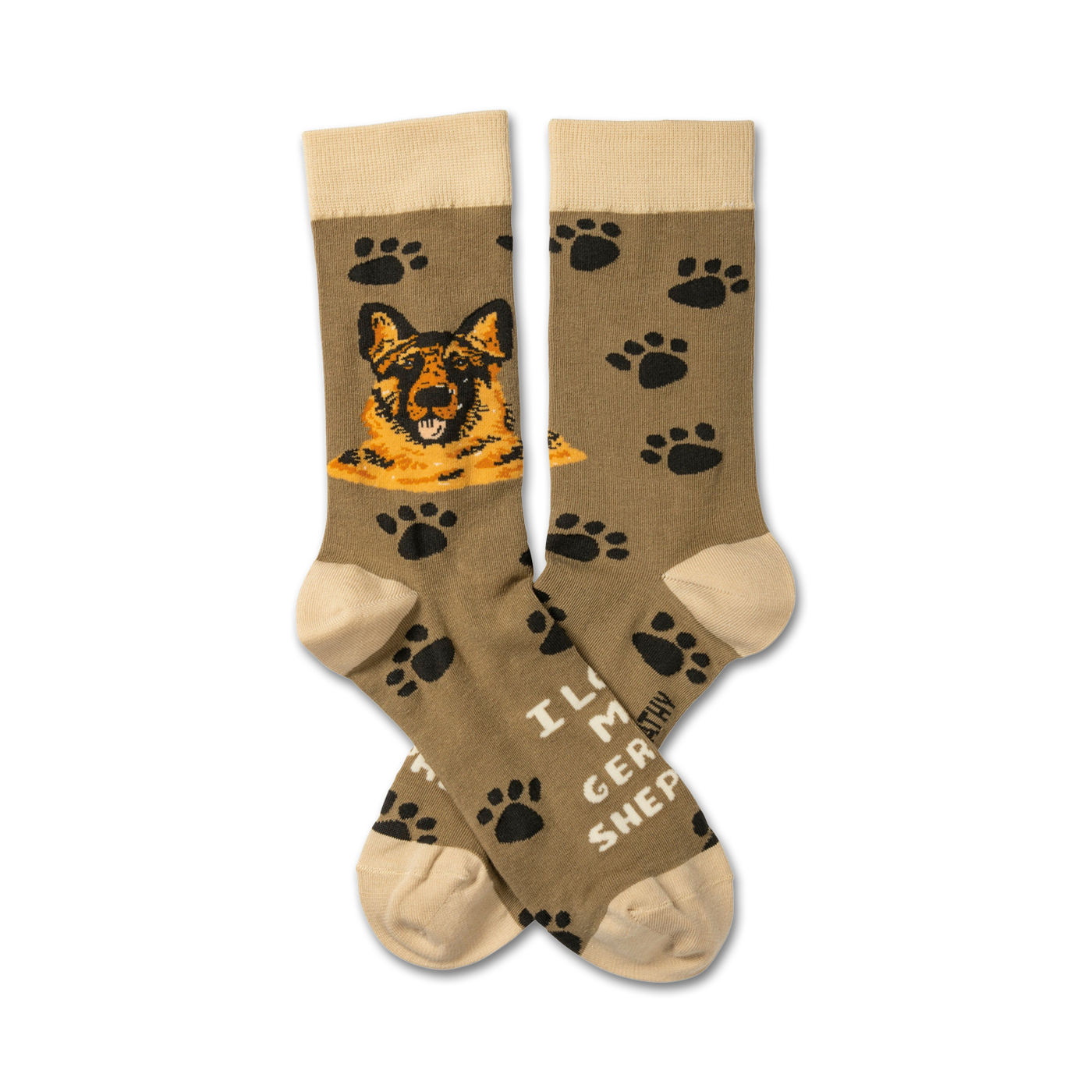 Crew socks in olive green with black paw prints and a German Shepherd image. The text 'I love my German Shepherd' is partially visible.
