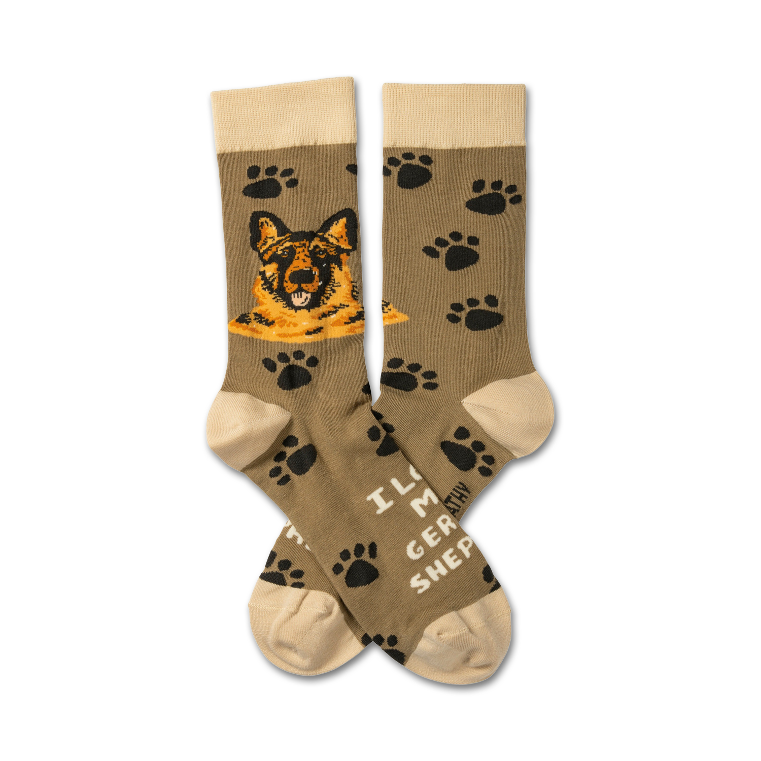 Crew socks in olive green with black paw prints and a German Shepherd image. The text 'I love my German Shepherd' is partially visible.