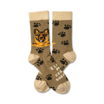 brown crew socks with black paw print pattern and "i  my german shepherd" graphic suitable for men and women.   