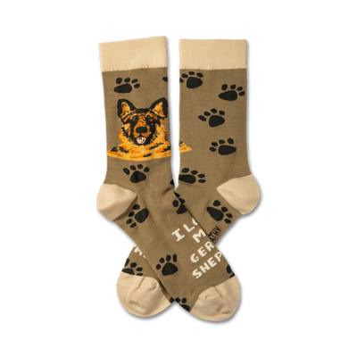 brown crew socks with black paw print pattern and "i  my german shepherd" graphic suitable for men and women.   