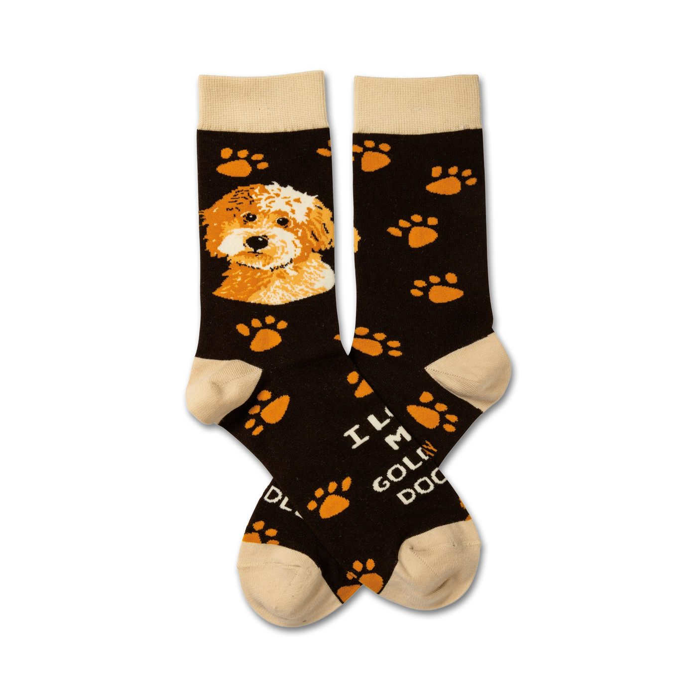 Crew socks with a dark brown background, orange paw prints, and a Goldendoodle image. Text says 'I'm a Goldendoodle'.