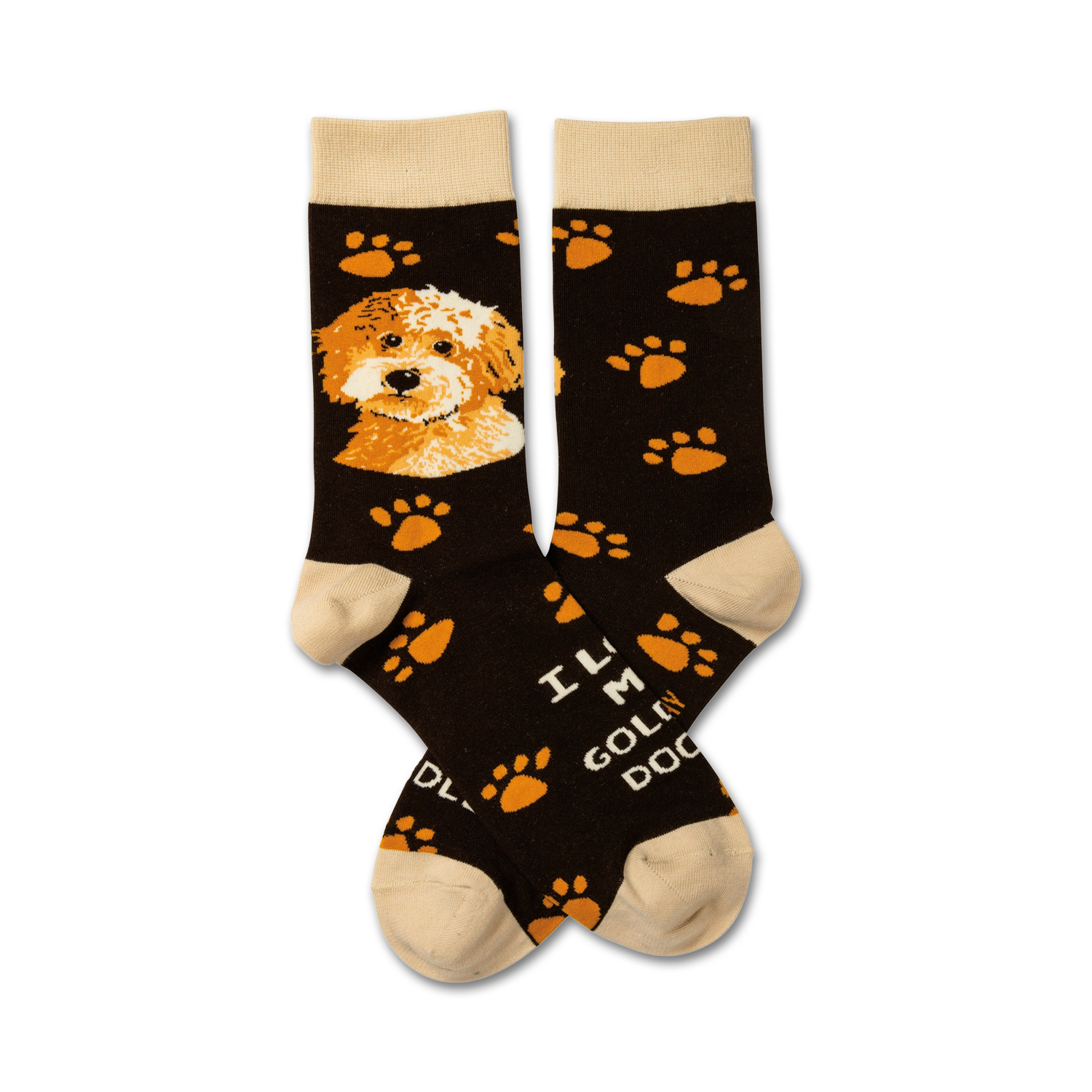 Crew socks with a dark brown background, orange paw prints, and a Goldendoodle image. Text says 'I'm a Goldendoodle'.