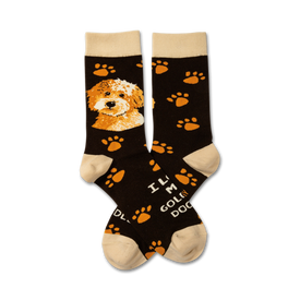 black crew socks sporting goldendoodle love with brown paws, photo, and quote: "i {heart} my goldendoodle."  
