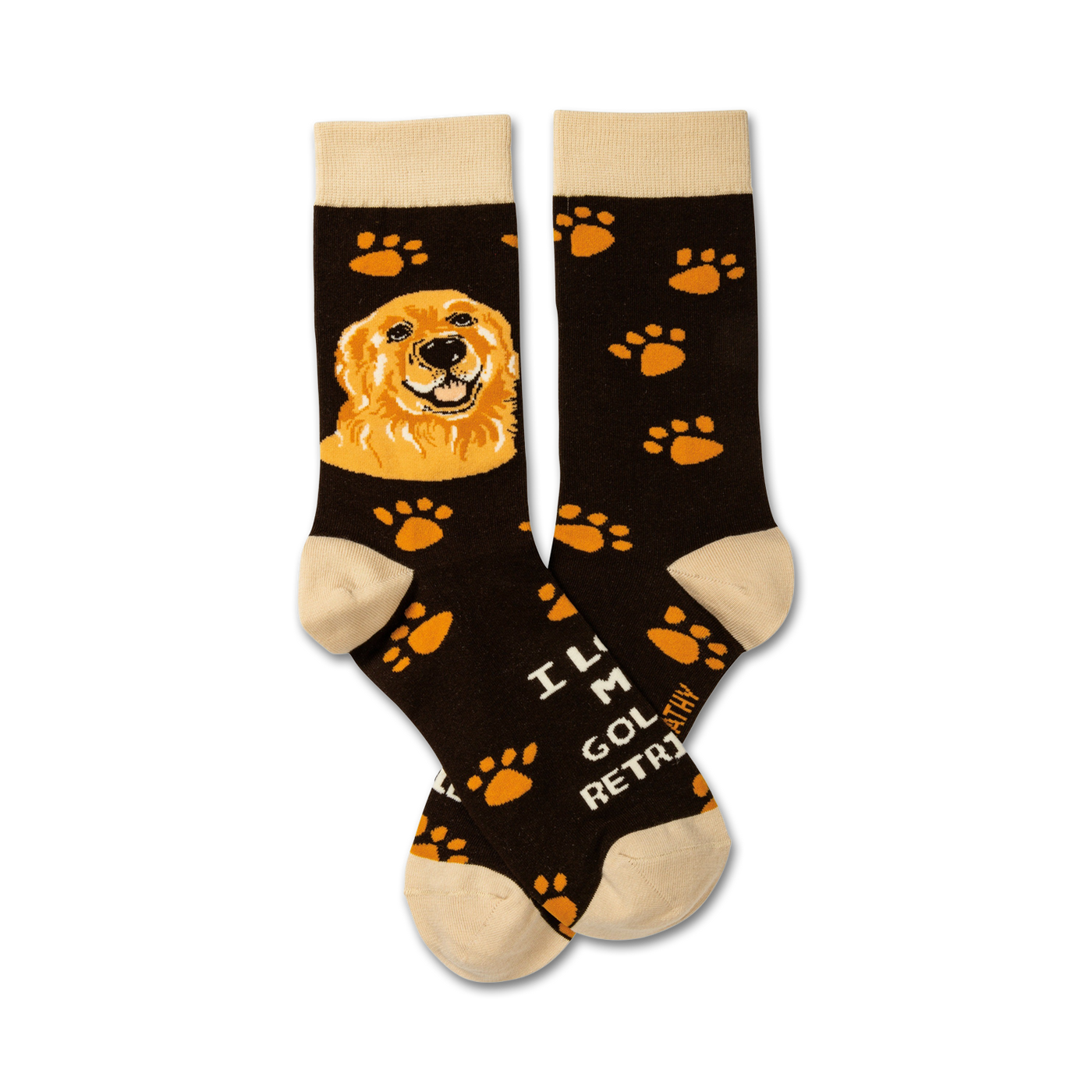 Brown crew socks with a Golden Retriever image, orange paw prints, and the text 'I Love My Golden Retriever'.