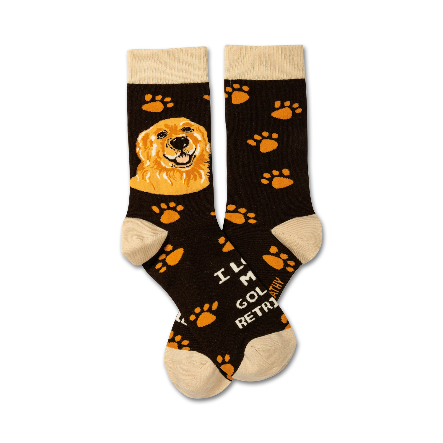 Brown crew socks with a Golden Retriever image, orange paw prints, and the text 'I Love My Golden Retriever'.