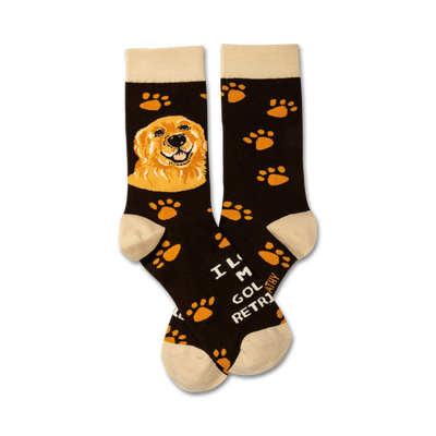 golden retriever paw print socks and pictures of golden retrievers with "i love my golden retriever" lettering.   