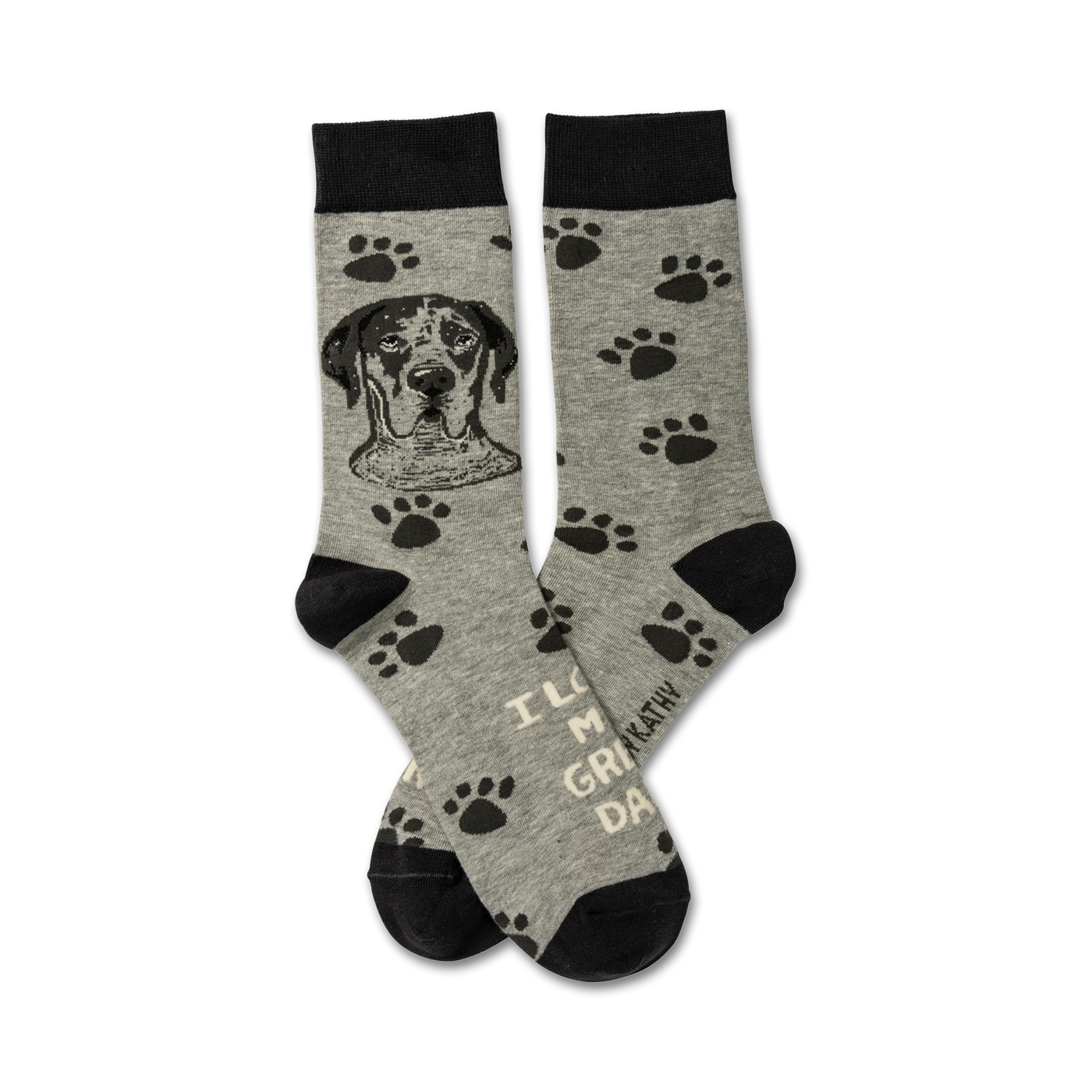 Crew socks in heather gray with black paw prints and a Great Dane portrait.  Text reads, 'I love my Great Dane'.