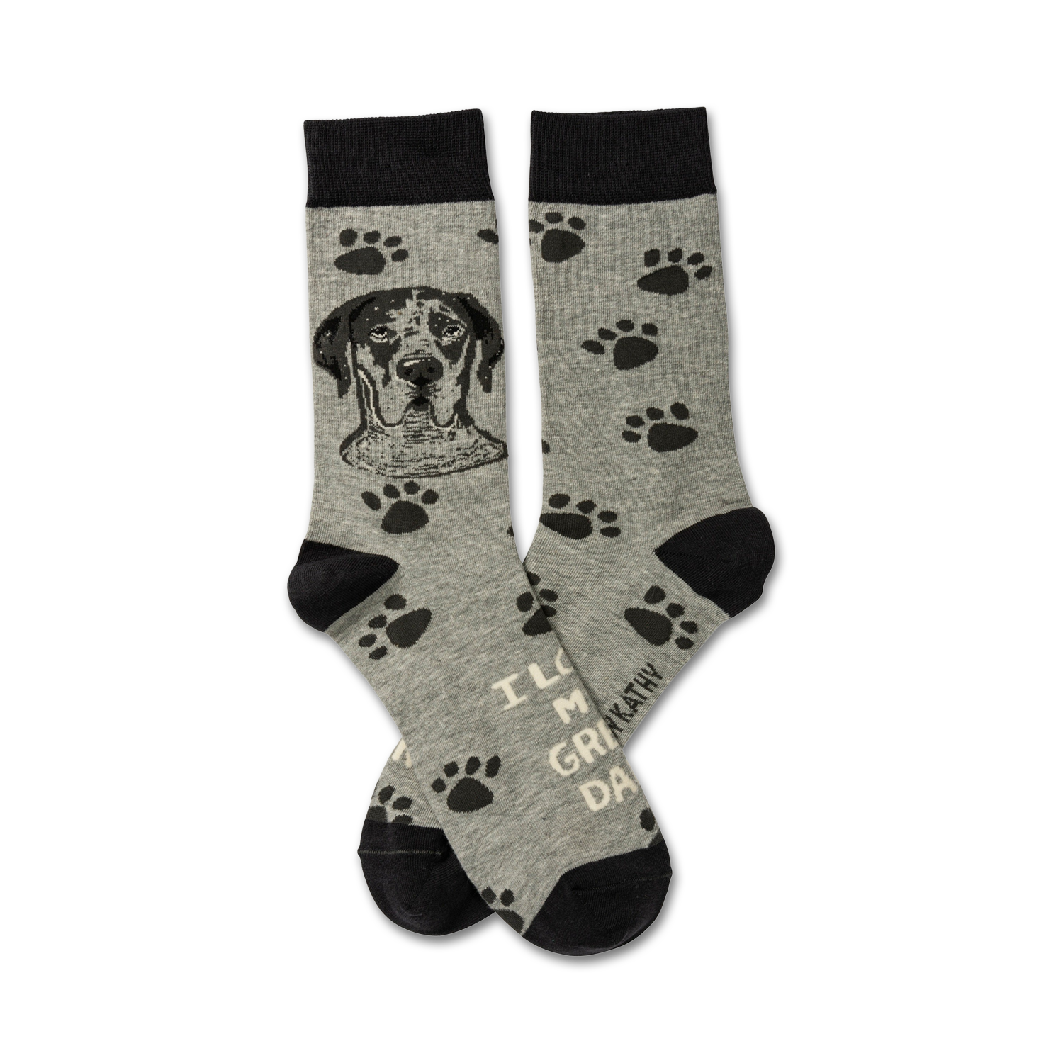 Crew socks in heather gray with black paw prints and a Great Dane portrait.  Text reads, 'I love my Great Dane'.