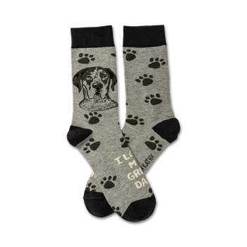 Crew socks in heather gray with black paw prints and a Great Dane portrait.  Text reads, 'I love my Great Dane'.