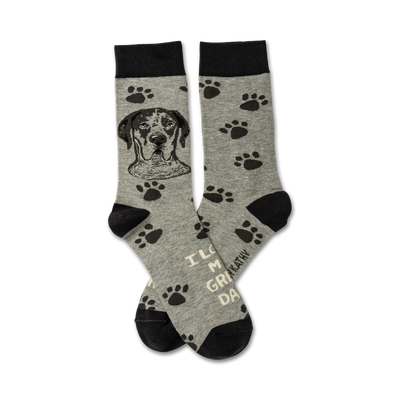 gray crew socks with black paw print pattern, â€œi love my great daneâ€ message, black band, gray toe and heel.   