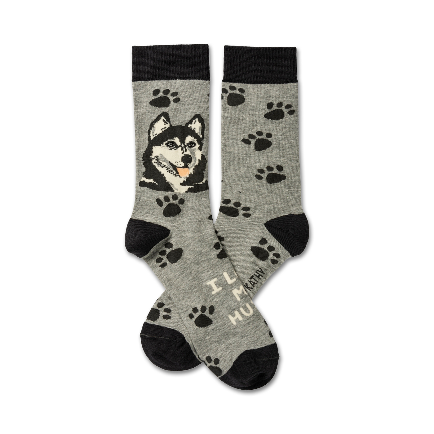 A pair of grey crew socks with a husky's face and paw prints. The words 'I Love My Husky' are visible on the bottom.