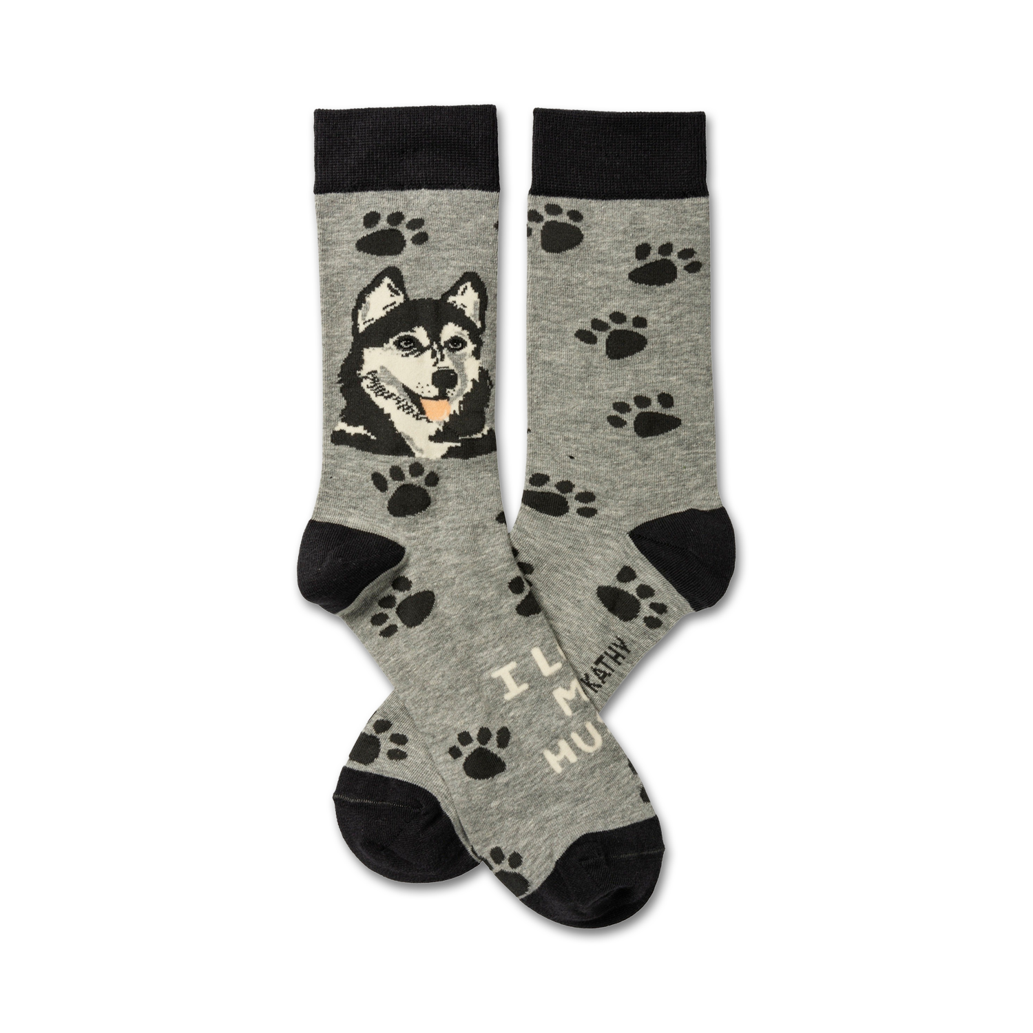 A pair of grey crew socks with a husky's face and paw prints. The words 'I Love My Husky' are visible on the bottom.