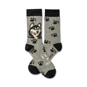 A pair of grey crew socks with a husky's face and paw prints. The words 'I Love My Husky' are visible on the bottom.