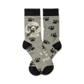 Pair of crew socks, grey with black paw prints and a black and white poodle image. Text reads 'I Love My Poodle'.