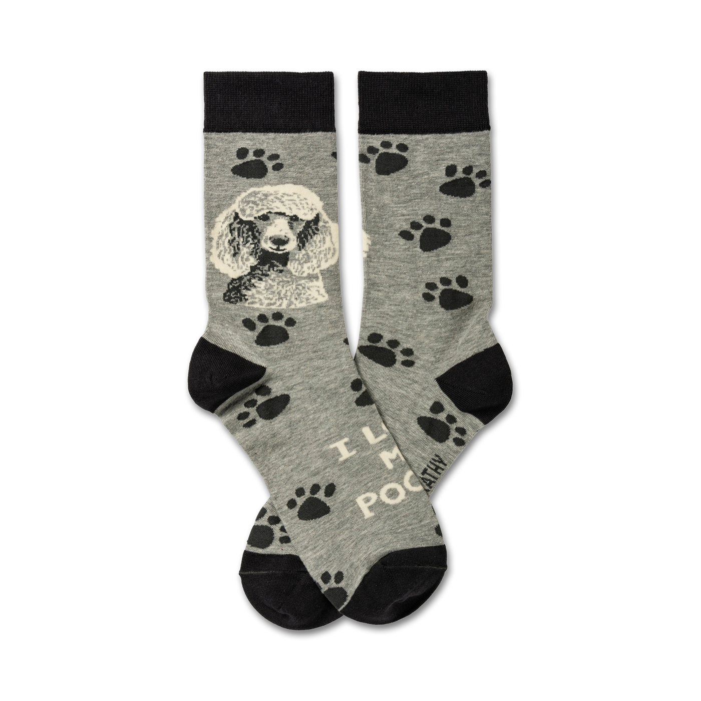 Pair of crew socks, grey with black paw prints and a black and white poodle image. Text reads 'I Love My Poodle'.