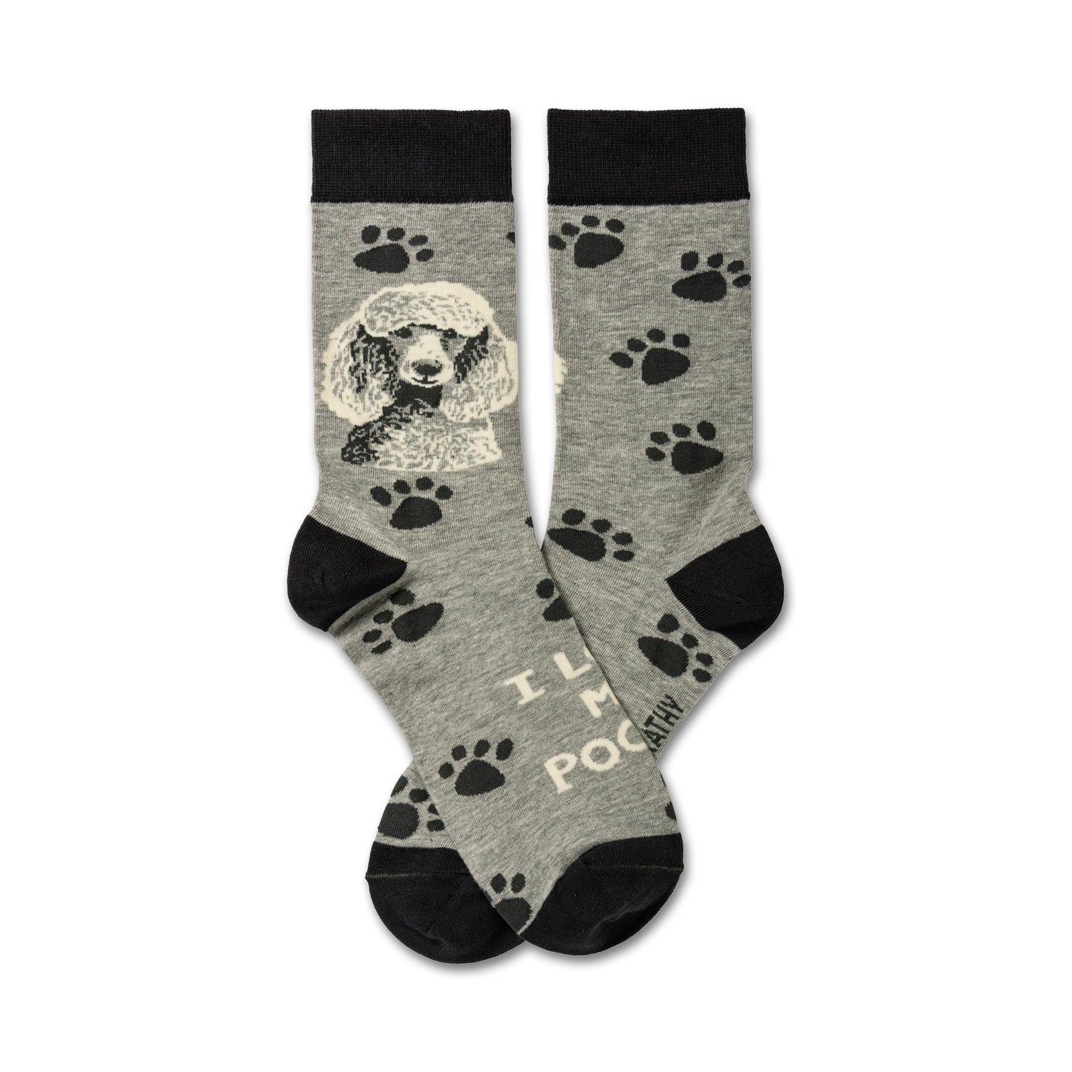 Pair of crew socks, grey with black paw prints and a black and white poodle image. Text reads 'I Love My Poodle'.