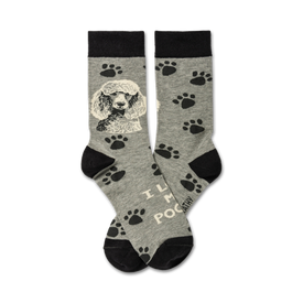 gray cotton crew socks with black paw prints, black toe and heel, printed with 'i love my poodle'  