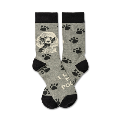 gray cotton crew socks with black paw prints, black toe and heel, printed with 'i love my poodle'  