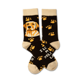 Pair of brown crew socks with a yellow lab portrait and paw print design. Features beige cuffs and 'I Love My Yellow Lab' text.