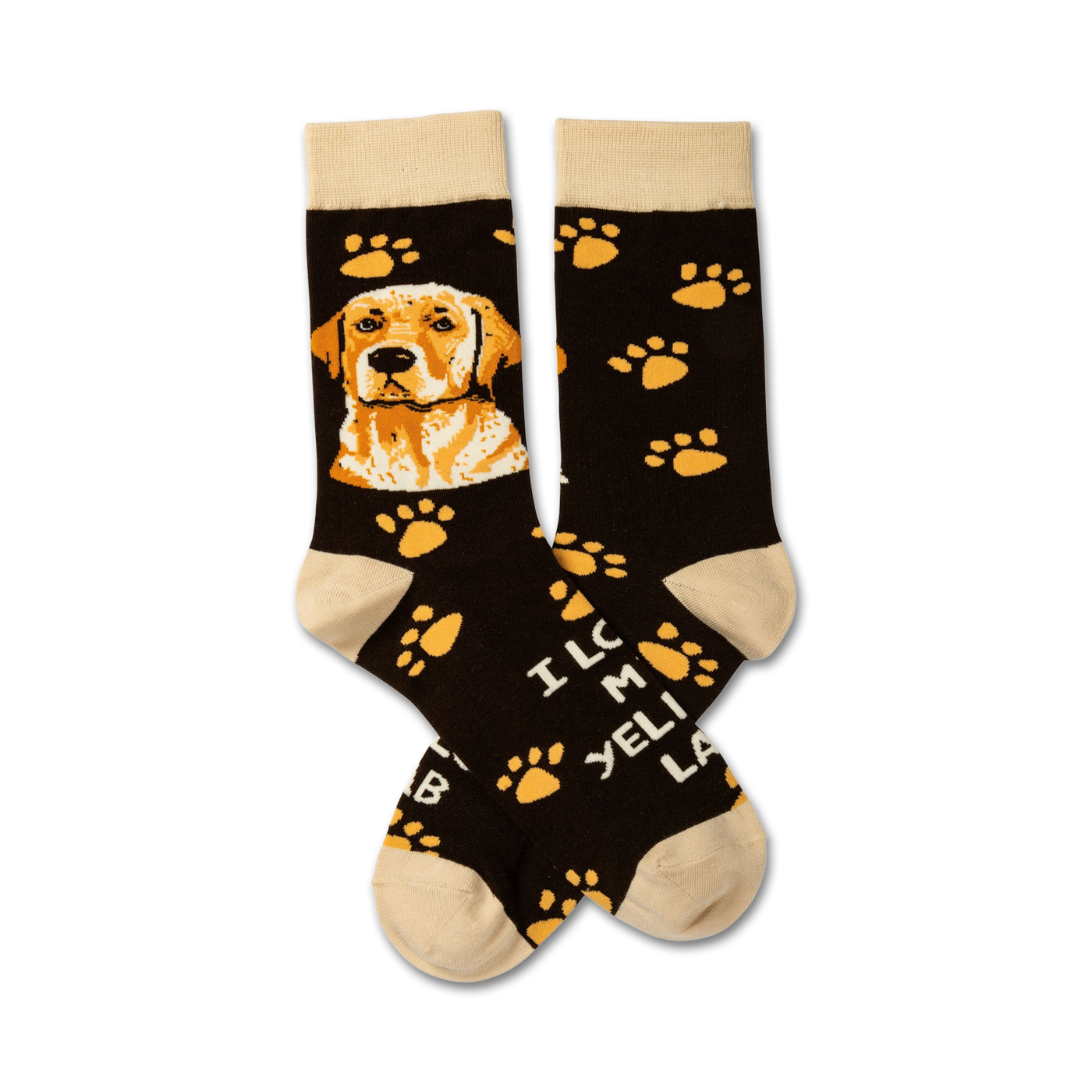Pair of brown crew socks with a yellow lab portrait and paw print design. Features beige cuffs and 'I Love My Yellow Lab' text.