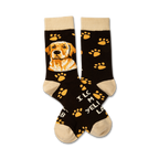 Pair of brown crew socks with a yellow lab portrait and paw print design. Features beige cuffs and 'I Love My Yellow Lab' text.