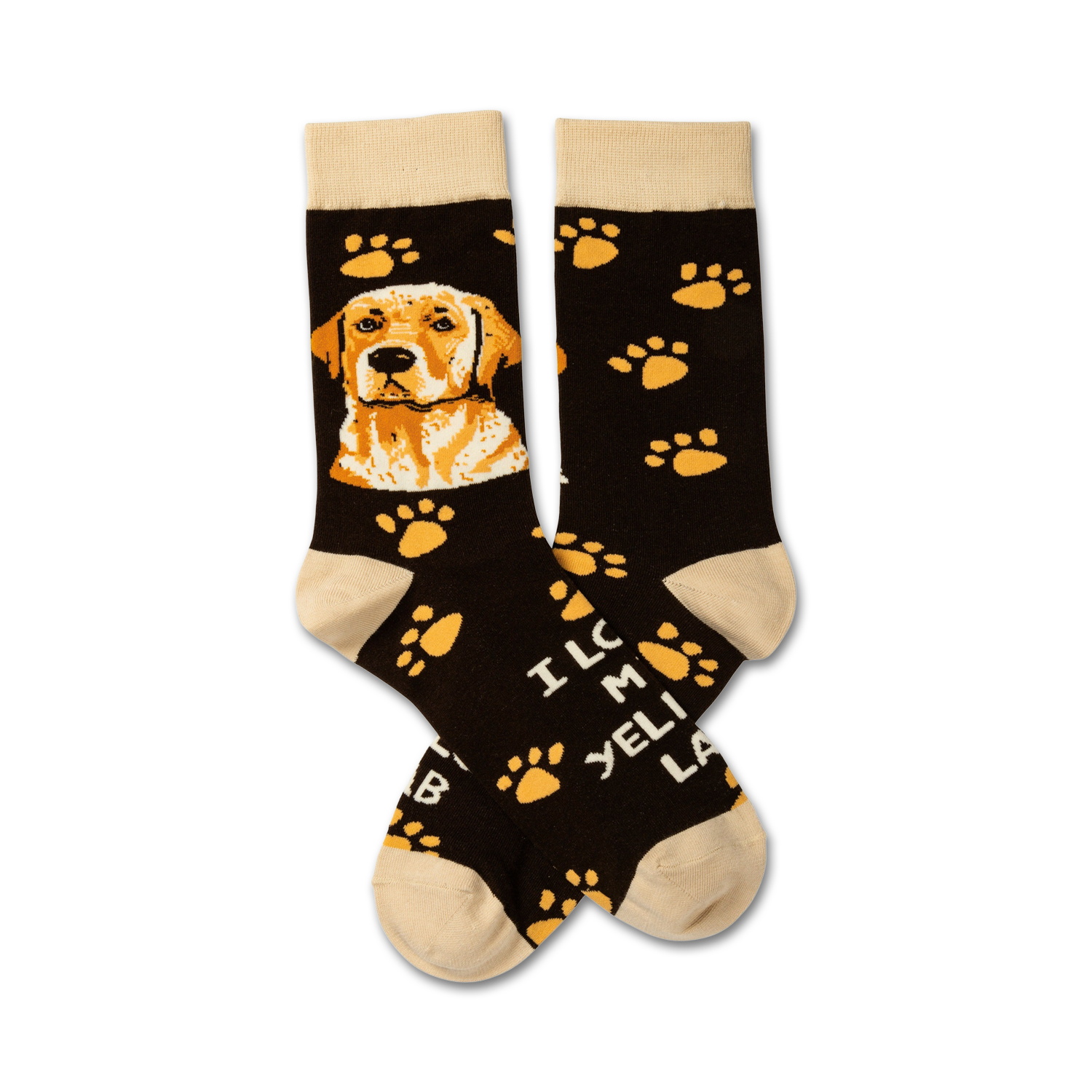 Pair of brown crew socks with a yellow lab portrait and paw print design. Features beige cuffs and 'I Love My Yellow Lab' text.
