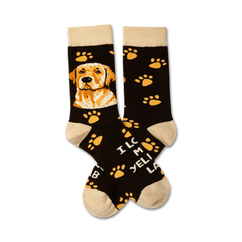black crew socks with brown paw prints, a picture of a yellow labrador retriever, and the phrase "i love my yellow lab" on each sock. for men and women.  
