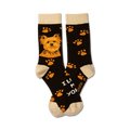 A pair of brown crew socks with a Yorkshire Terrier image and orange paw prints. The text 'I love my Yorkie' is also visible.