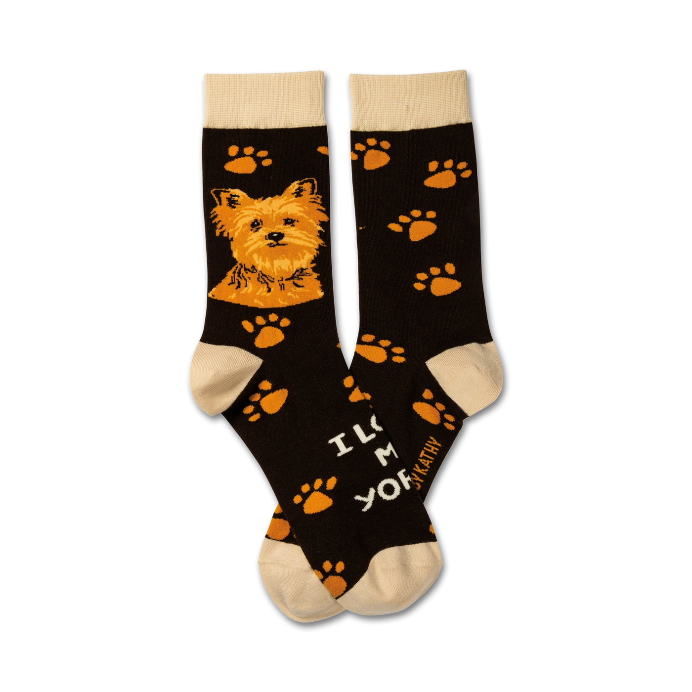 A pair of brown crew socks with a Yorkshire Terrier image and orange paw prints. The text 'I love my Yorkie' is also visible.