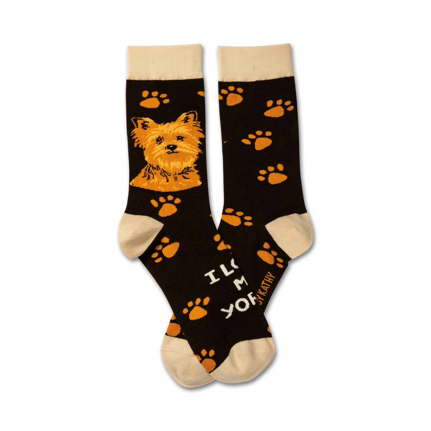 A pair of brown crew socks with a Yorkshire Terrier image and orange paw prints. The text 'I love my Yorkie' is also visible.