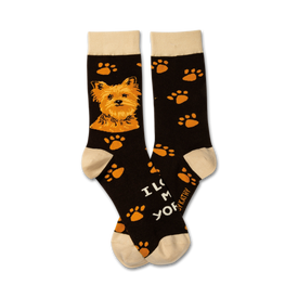 black yorkshire terrier crew socks with "i love my yorkie" graphic.  