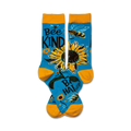 Crew socks in teal and gold featuring sunflowers, bees, and the phrase 'Bee Kind'.