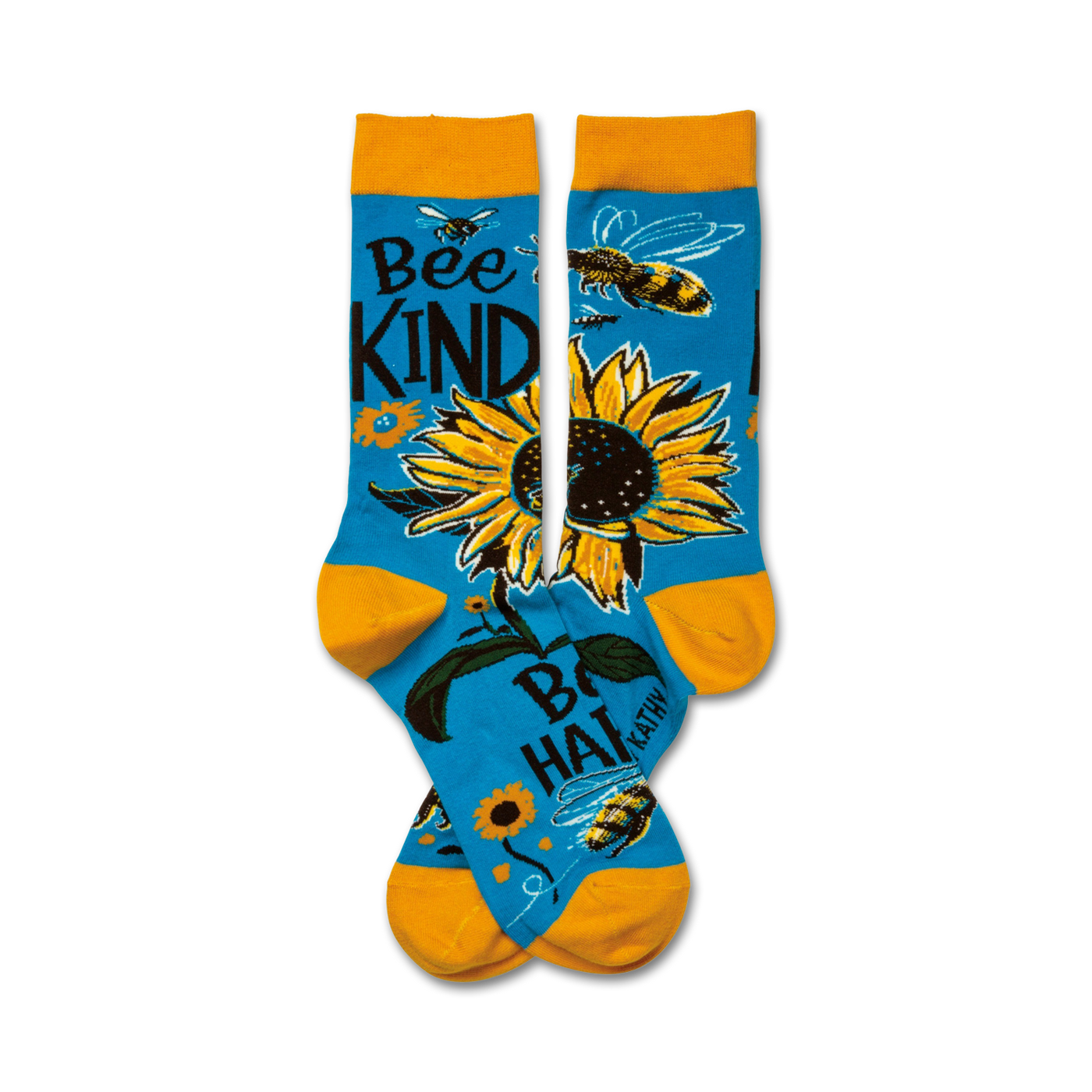 Crew socks in teal and gold featuring sunflowers, bees, and the phrase 'Bee Kind'.