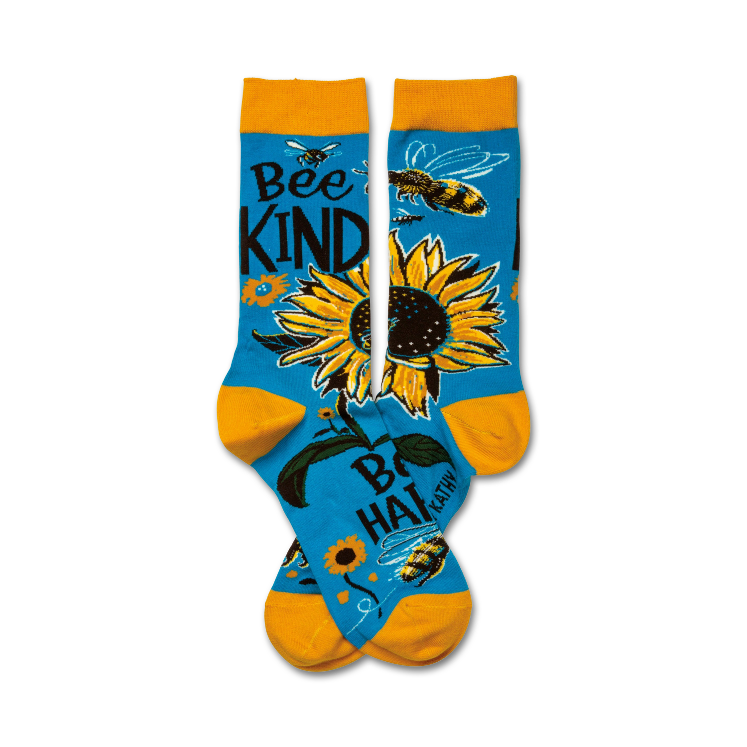 Crew socks in teal and gold featuring sunflowers, bees, and the phrase 'Bee Kind'.