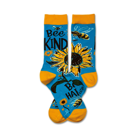 bee kind inspirational themed womens blue novelty crew socks