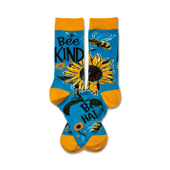 crew length cotton socks in blue and yellow with sunflowers and bees.  