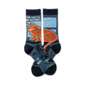 Pair of crew socks.  Dark blue background, orange tabby cat illustration, and the text 'The Cat is an Asshole'.