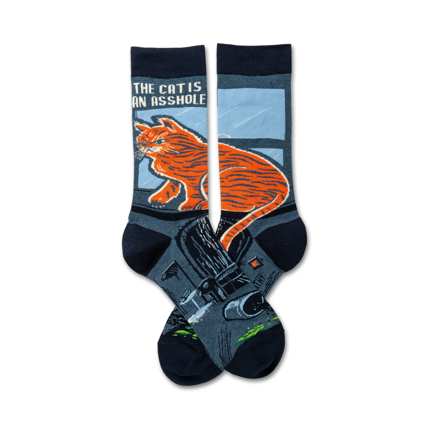 Pair of crew socks.  Dark blue background, orange tabby cat illustration, and the text 'The Cat is an Asshole'.