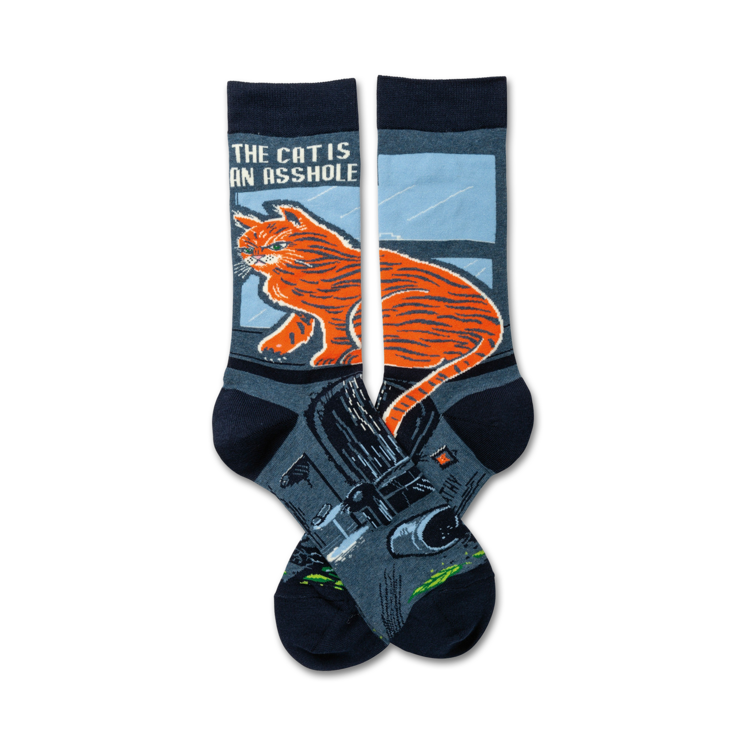 Pair of crew socks.  Dark blue background, orange tabby cat illustration, and the text 'The Cat is an Asshole'.