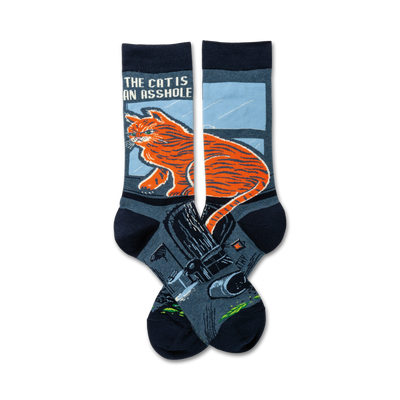 blue crew socks feature smug orange cat sitting on the toilet with, "the cat is an asshole" text. funny cat gift socks.  