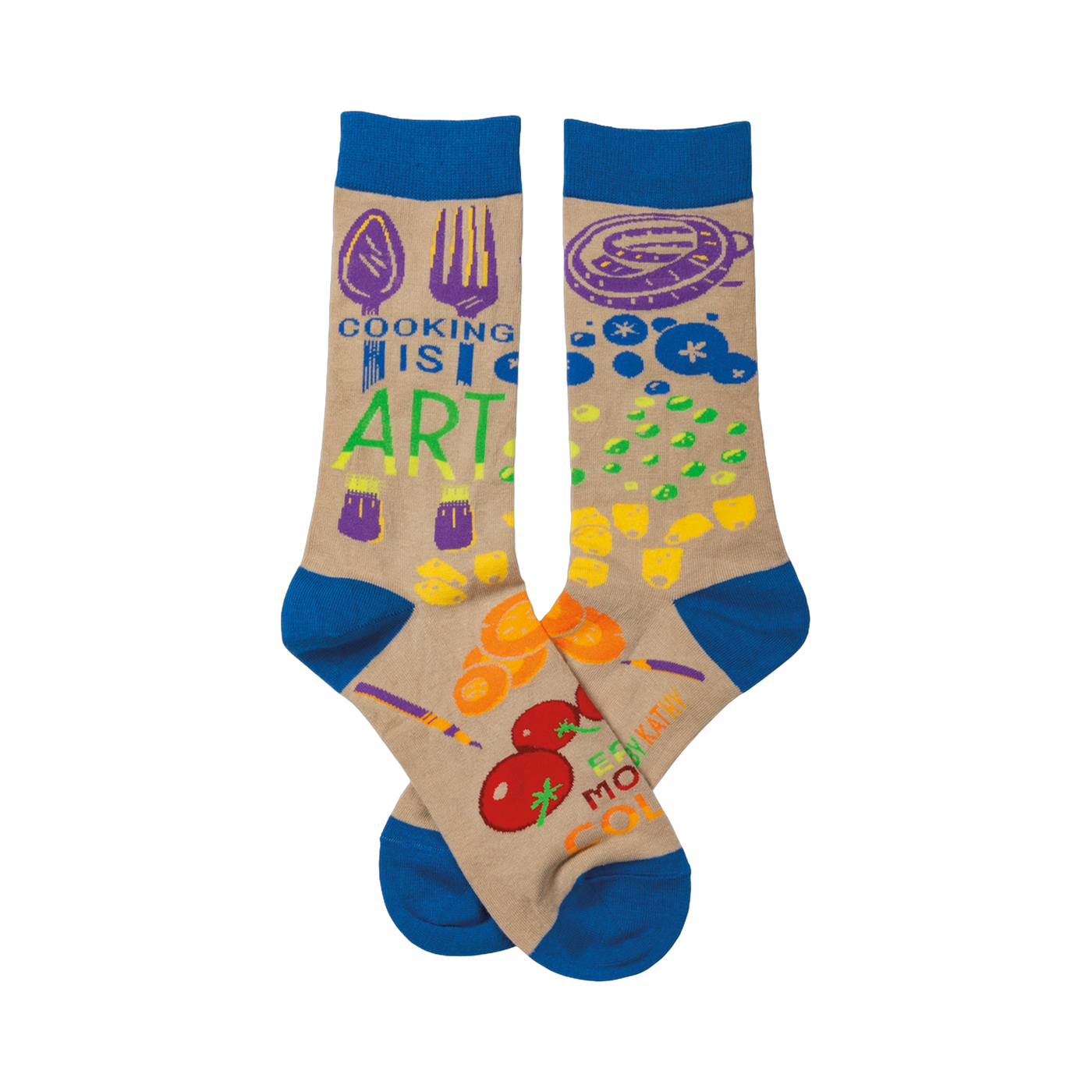 Crew socks in beige with royal blue cuffs.  The design includes colorful illustrations of cooking utensils and food, along with the text 'Cooking Is Art'.