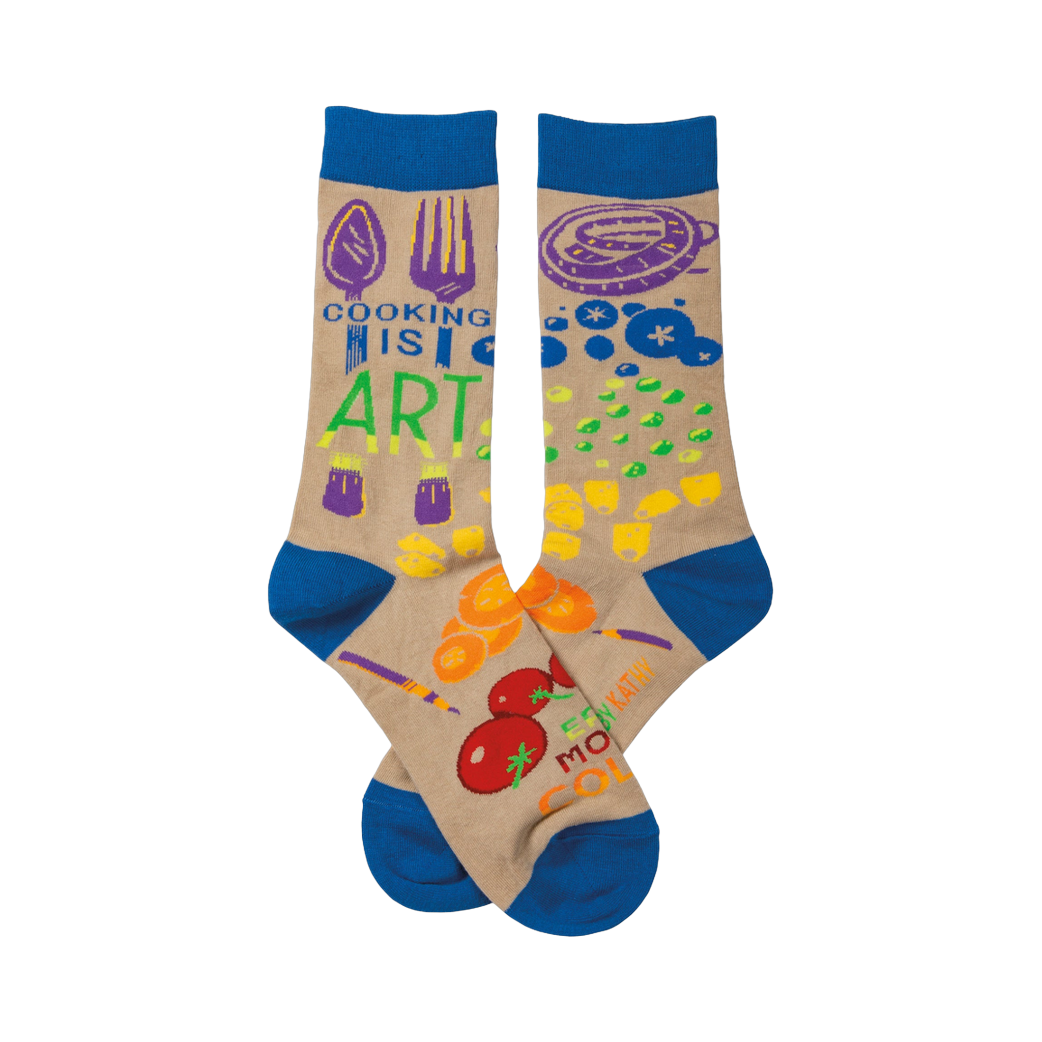 Crew socks in beige with royal blue cuffs.  The design includes colorful illustrations of cooking utensils and food, along with the text 'Cooking Is Art'.