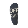Close-up shot of the sole of a navy blue sock, showing the words 'OFF DUTY' in white text.