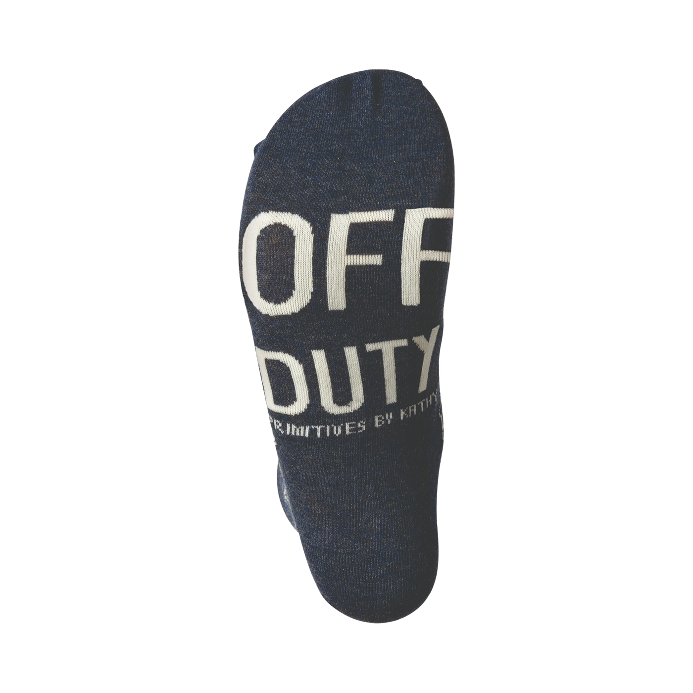 Close-up shot of the sole of a navy blue sock, showing the words 'OFF DUTY' in white text.