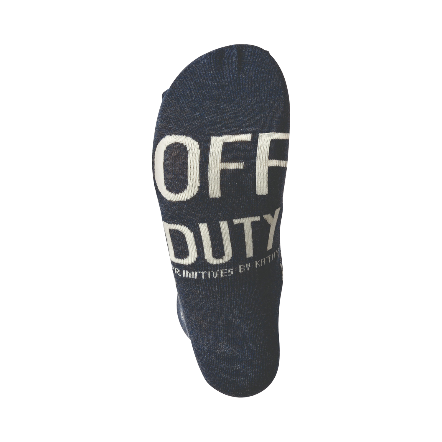 Close-up shot of the sole of a navy blue sock, showing the words 'OFF DUTY' in white text.