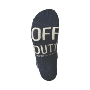 A blue sock with white lettering that reads: 